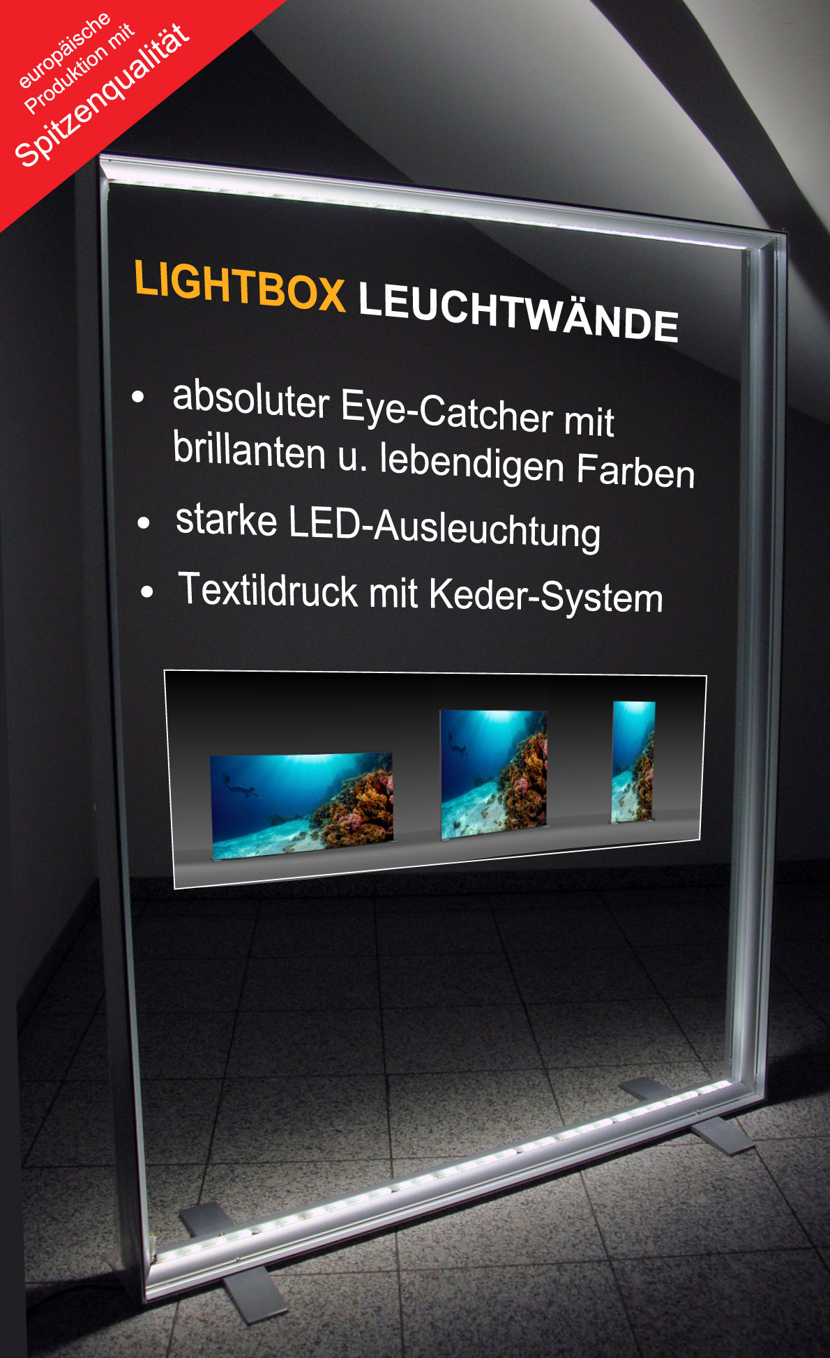 Mit den BigFrame-Leuchtwänden verwandeln Sie Ihre Grafiken in wunderschöne Eye-Catcher mit brillanten und lebendigen Farben, die förmlich aus der Masse herausstrahlen. Unsere BigFrame-Lightboxes werden mit Stoffdrucken bestückt und von innen mit starken LEDs beleuchtet. Ein Auftritt mit garantiert verblüffendem Effekt! Die Light Box kann mit Grafiken auf beiden Seiten ausgestattet werden und hat extra schwere Füße für hohe Stabilität. Die neuen BigFrame Lightbox-Profile können auf Maß konfektioniert geliefert werden. Umfangreiches Zubehör für eine individuelle Anpassung der Größen finden Sie in unserem Shop. ISOframe Light Boxes sind ideal für eine schnelle und einfache Montage vor Ort. Die Lightboxes werden flach verpackt angeliefert. 
